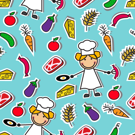   Cartoon seamless pattern with chef and ingredients for cookingのイラスト素材