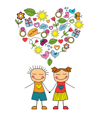 Cartoon heterosexual couple and love symbols collected in the form of heartのイラスト素材