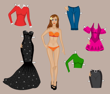 paper doll girl in a bathing suit with a set of different clothes for cuttingのイラスト素材