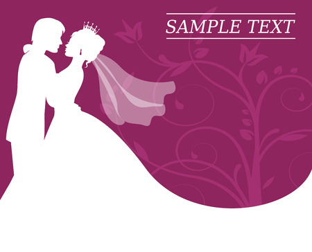 silhouettes of the bride and groom on a burgundy background with swirlsのイラスト素材