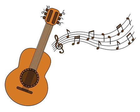 Cartoon acoustic guitar and sheet music on a white backgroundのイラスト素材