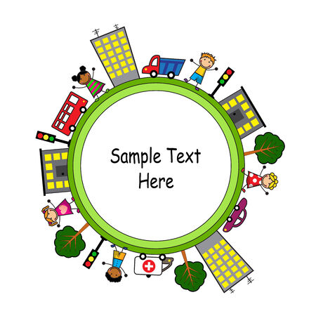 Cartoon round background with houses, trees, cars and peopleのイラスト素材