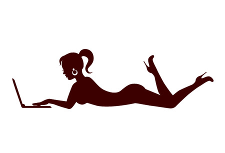 silhouette of a woman with laptop lying on a white backgroundのイラスト素材