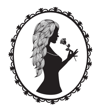   female silhouette with long hair holds a rose in a retro frameのイラスト素材