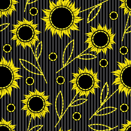 seamless dark striped background with abstract sunflowersのイラスト素材
