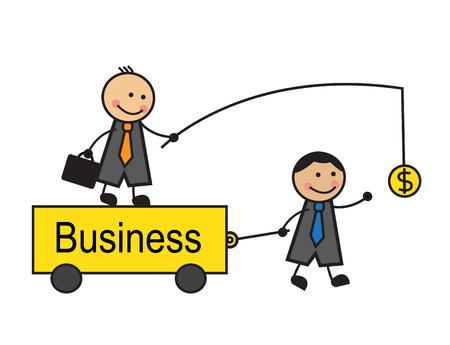   Head is on the trolley and holds the money in front of a business employee  Businessman comes to money and drags cart のイラスト素材