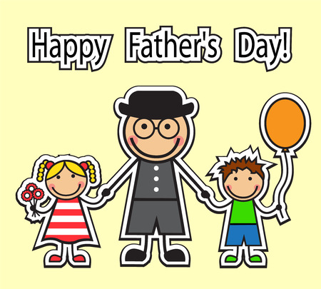 Cartoon dad holding hands children Boy with balloon and girl with flowers のイラスト素材