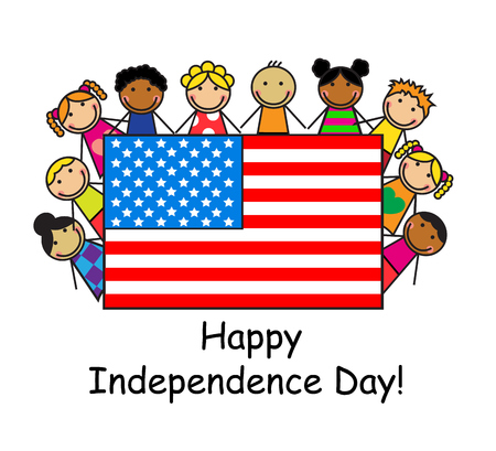   Cartoon children of different races holding an American flag  のイラスト素材