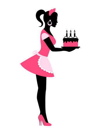 Silhouette of a woman in an apron holding a cake with candlesのイラスト素材