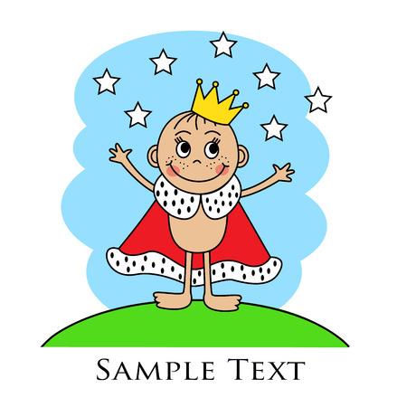 Cartoon baby in the crown and mantle standing arms outstretched on the lawnのイラスト素材
