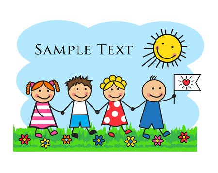 Cartoon kids go through the grass and holding hands  One of the children holding a flag with a heartのイラスト素材