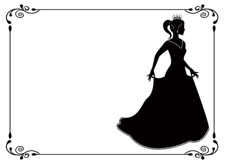silhouette of a woman in long dress and vintage frame with swirls  のイラスト素材