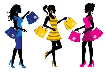 three elegant female silhouette with shopping bags on white のイラスト素材