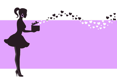 girl with a gift box from which fly hearts on a purple backgroundのイラスト素材
