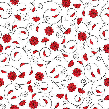 seamless pattern with red flowers, thin swirls and black linesのイラスト素材