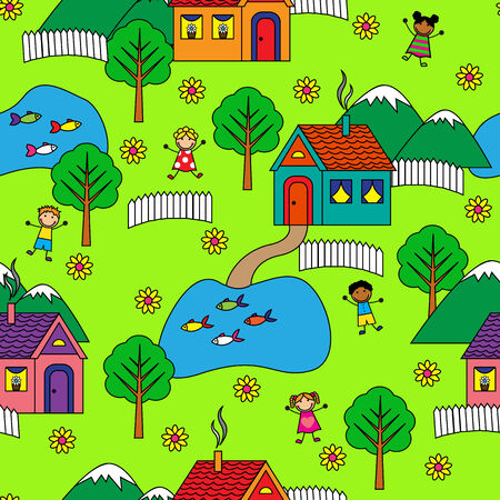   Bright seamless pattern with houses, trees and funny peopleのイラスト素材