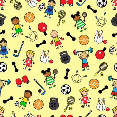 Cartoon seamless pattern with sport equipment and Childrenのイラスト素材