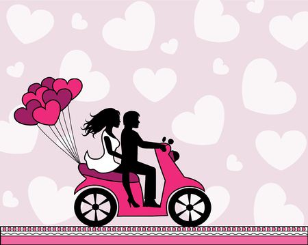silhouettes of a couple in love riding a motorbike on a light background with heartsのイラスト素材