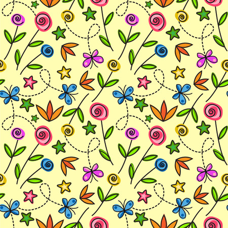 Cartoon seamless pattern with flowers and butterflies on a yellow background  のイラスト素材