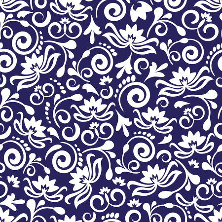 seamless blue floral pattern with abstract flowers and curlsのイラスト素材