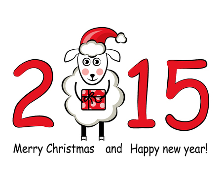 2015 figures and sheep in Santa hats on a white backgroundのイラスト素材