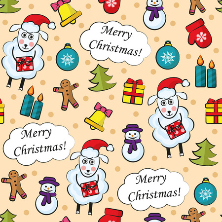 Cartoon seamless pattern with sheep and Christmas itemsのイラスト素材