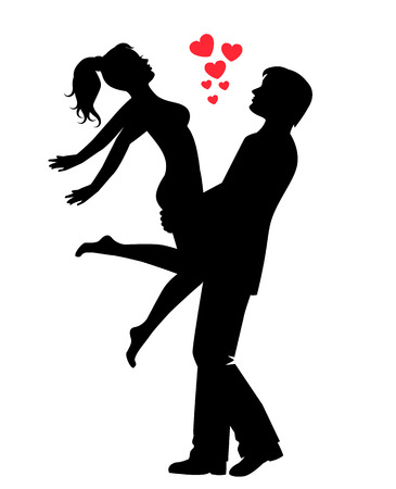 silhouette of a happy loving couple. Man holds woman in his arms, and the woman spread her arms.のイラスト素材