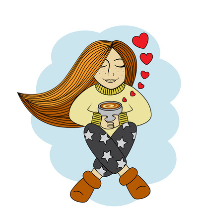 girl sits comfortably with a cup of coffee and heartsのイラスト素材