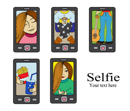cell phones and photos on them. Girl photographs herself.のイラスト素材