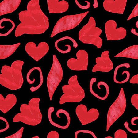 seamless watercolor pattern with red flowers, swirls and hearts on a black backgroundのイラスト素材