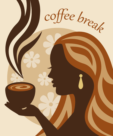 female silhouette in profile holding a cup of coffee and inhales the aromaのイラスト素材