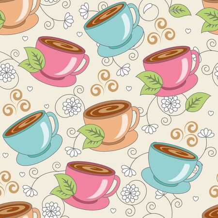Seamless pattern with cups of fragrant drink with flowers and leavesのイラスト素材