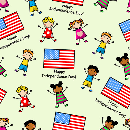 Cartoon seamless pattern with the American flag and childrenのイラスト素材