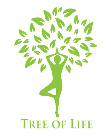 tree with green leaves and a silhouette of a man doing yogaのイラスト素材