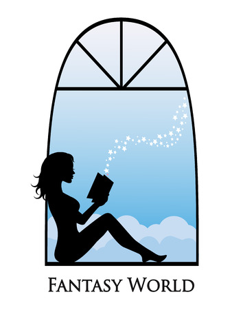 silhouette of a girl sitting on a window and reading a bookのイラスト素材