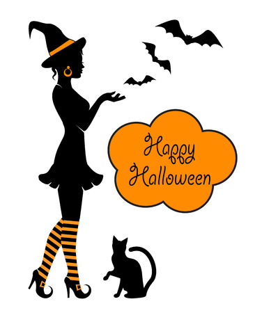 Beautiful witch in striped stockings and black catのイラスト素材