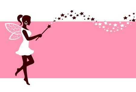 Silhouette graceful fairies with wings and a magic wand on a pink backgroundのイラスト素材