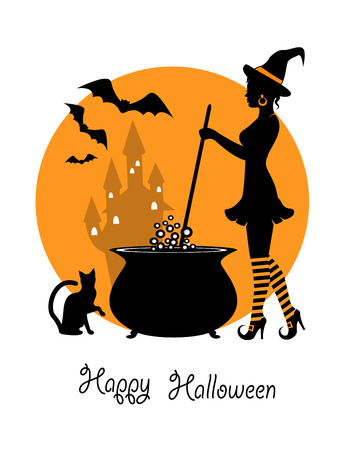 Beautiful witch in striped stockings brews a potion in a big pot. Next to the boiler sitting cat and flying bats. In the background is seen the castle witch.のイラスト素材