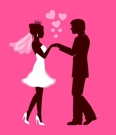 Silhouettes of the bride and groom hold each other's hands on pink background with heartsのイラスト素材