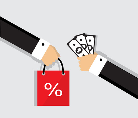 Seller's hand holding a shopping bag with the hand of the buyer holds moneyのイラスト素材