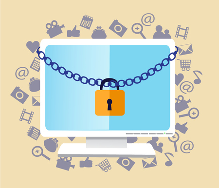 The monitor hanging chain and lock. Behind monitor various computer iconsのイラスト素材