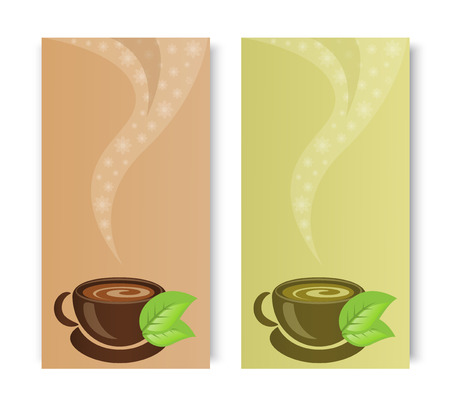 two banners with cups of tea leaves and smokeのイラスト素材