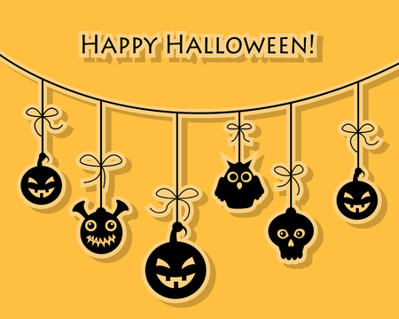 Skull, pumpkin monster hang on the rope Card Halloweenのイラスト素材