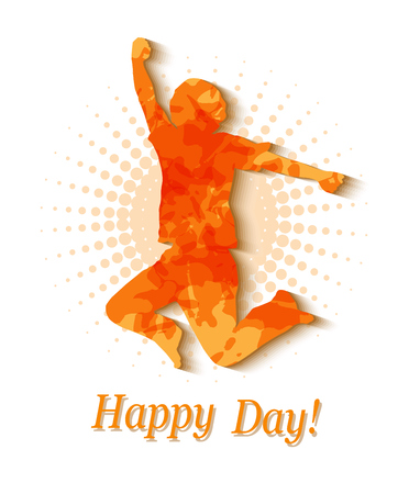 silhouette of a man jumping orange background halftonのイラスト素材