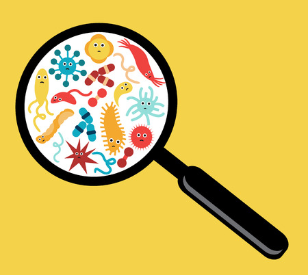 microorganisms, bacteria and viruses increase magnifying glass on a yellow backgroundのイラスト素材