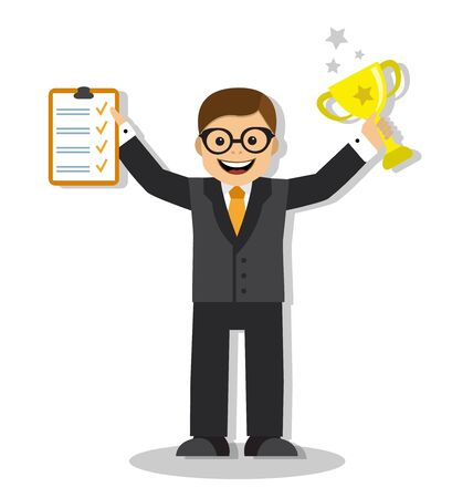 Happy winner businessman holding a list of completed cases and the gold cupのイラスト素材