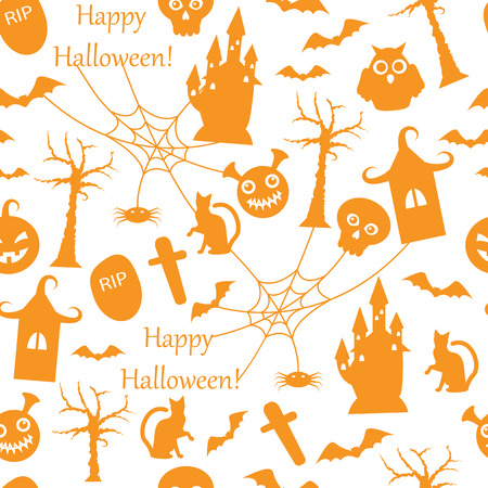 seamless pattern with orange symbols of Halloween on a white backgroundのイラスト素材