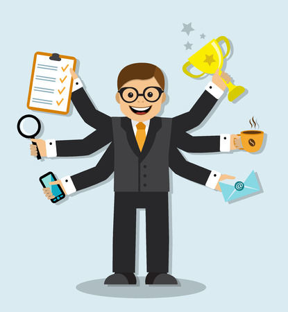 Cartoon businessman has 6 arms and manages to do all the work of the caseのイラスト素材