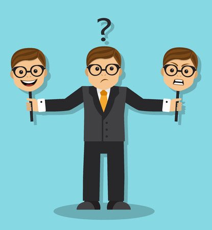 The businessman does not know how to react, and holds good and evil mask.のイラスト素材