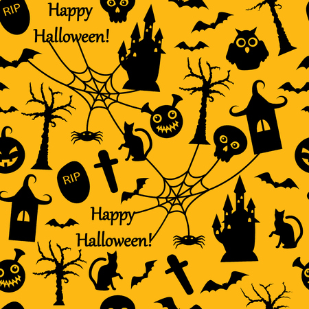 seamless pattern with black symbols of Halloween on a orange backgroundのイラスト素材